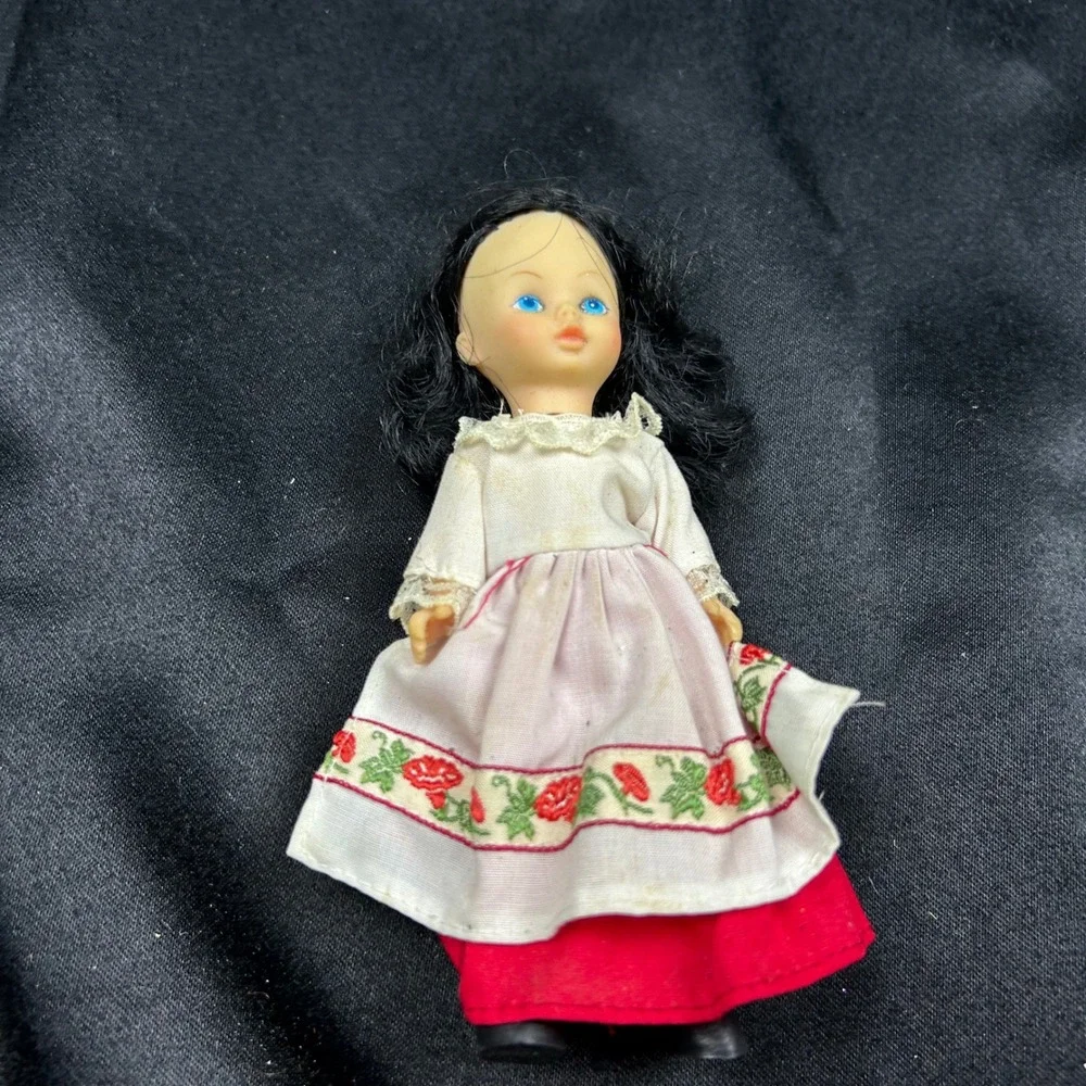 Vintage Miniature Folk Doll Blue Eyes Red Skirt Floral Apron Collectible Toy